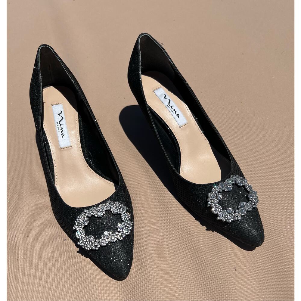 NWOT NEYA BY NINA BLACK TEXTURED SPARKLY METALLIC JEWELED MID-HEEL DRESS PUMPS 9